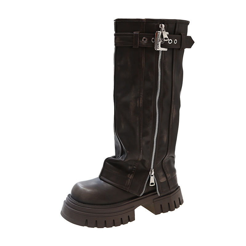 Luxury PU leather Belt Buckle boots sexy ladies Zip Warm Casual Shoes Knee-High Square toe platform chunky boots women