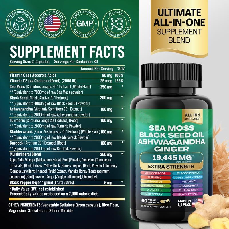 Sea Moss Black Seed Oil capsule bottle with ingredient colorbar — representing the confusing supplement landscape