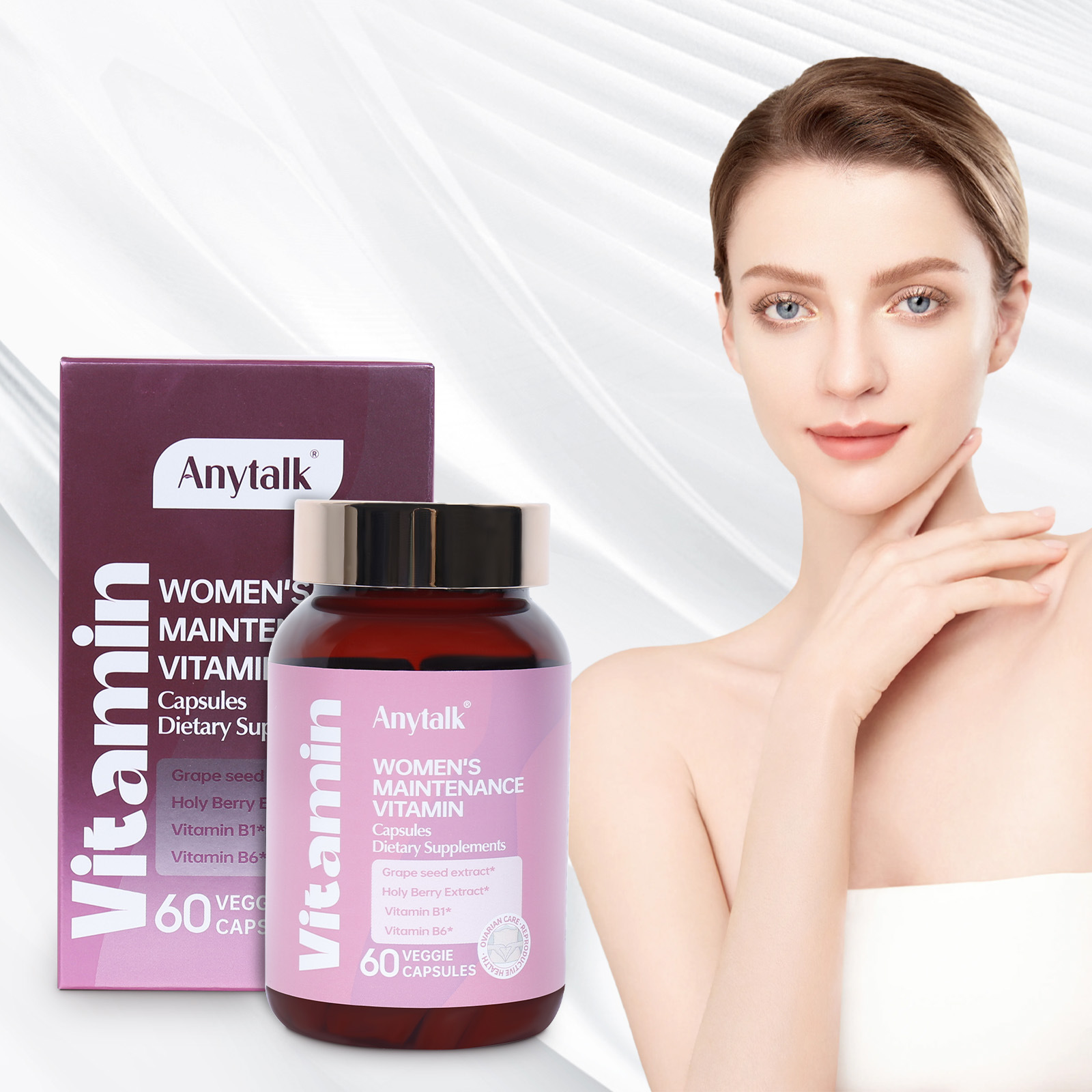 Radiant woman with clear complexion holding the supplement bottle, bright natural light, symbolizing the outcome after use.