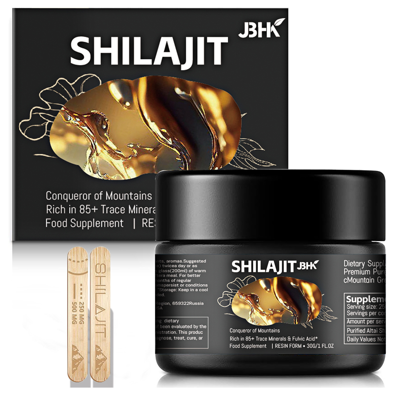 Black glass jar with gold embossing, wooden spoons, and amber resin — the complete Shilajit kit