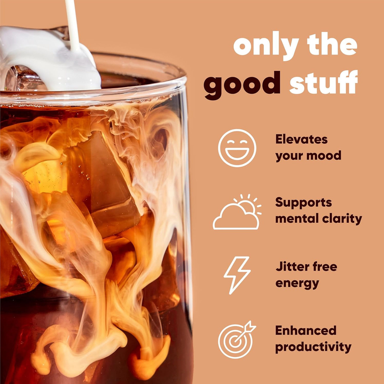 Iced mushroom coffee in a clear glass with benefit icons: mood elevation, mental clarity, jitter-free energy, and productivity