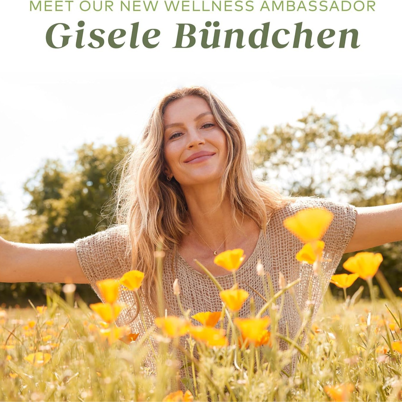 Wellness ambassador in golden flower field at sunset, embodying vitality and natural health