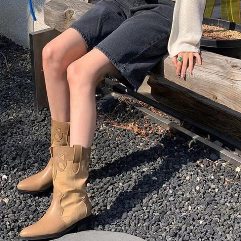 Western Cowboy Boots Summer Thin Women's Korean Splicing Pointed Retro Look Skinny Thick Heel Mid heeled Short Boots
