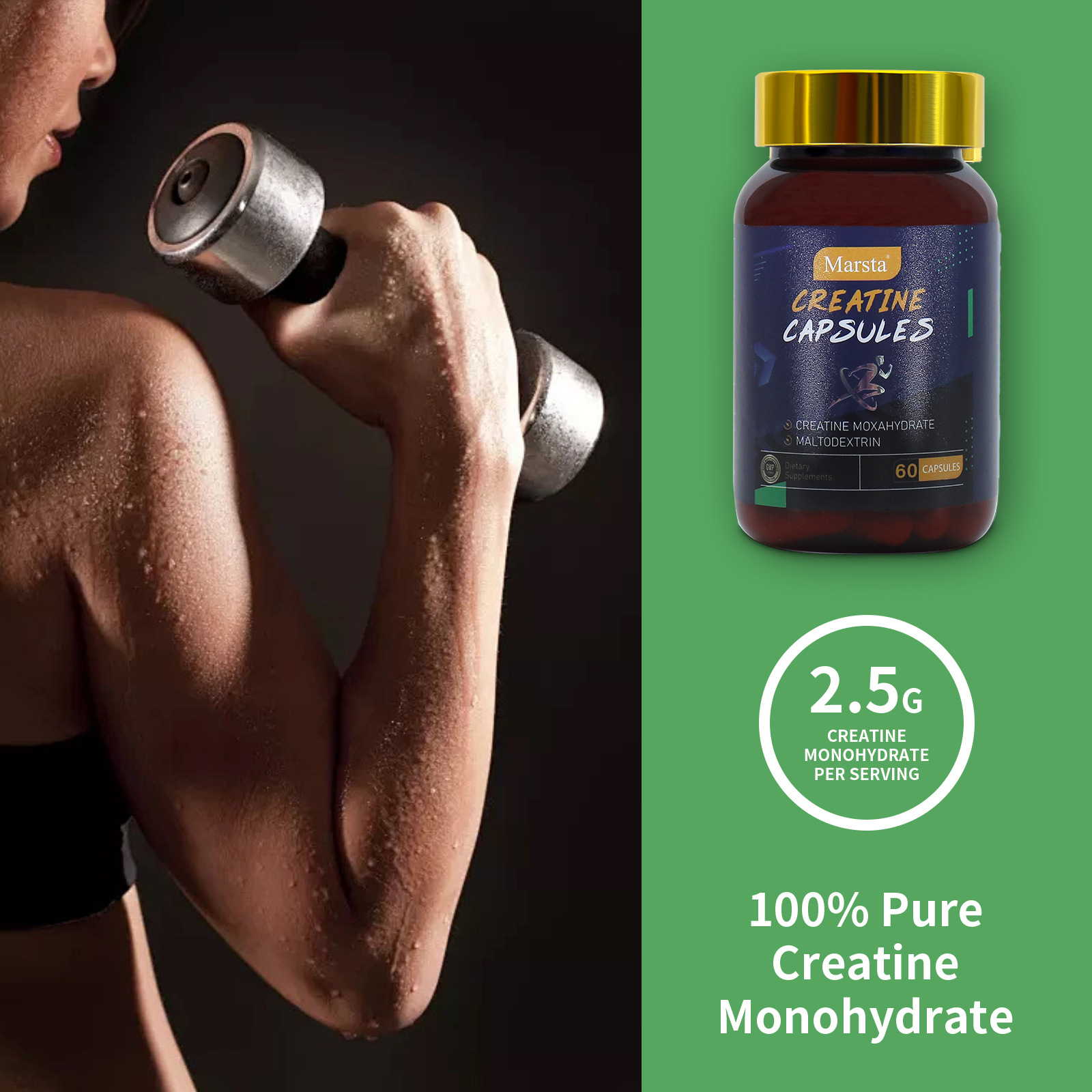 Chiseled male holding dumbbells, bicep flexed, product bottle beside him with dosage callout