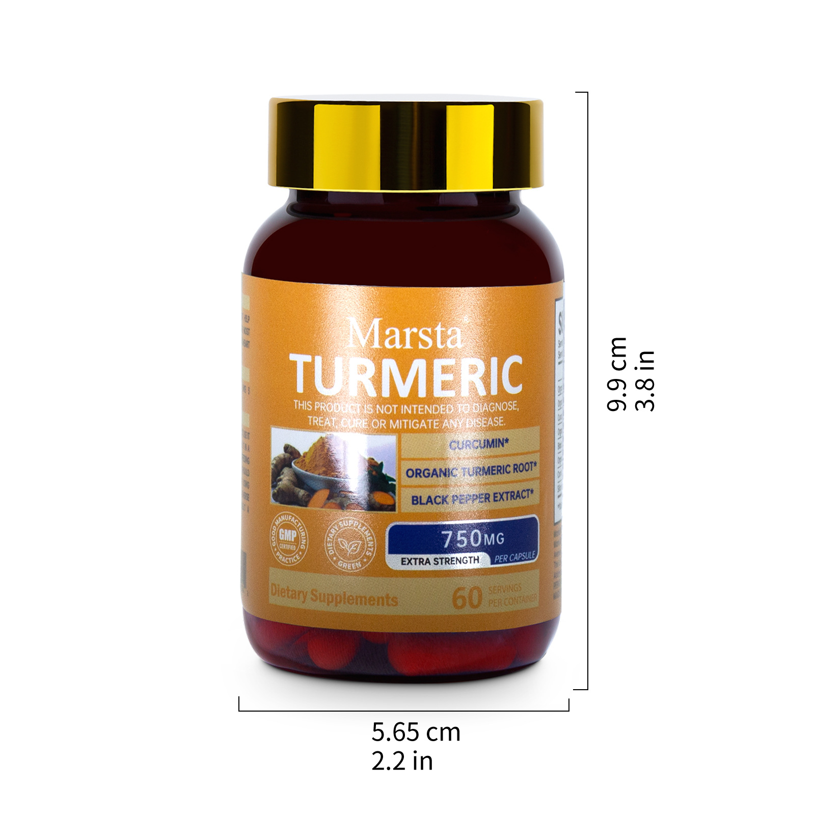 Marsta Turmeric bottle with lab-tested seal and GMP badge visible.