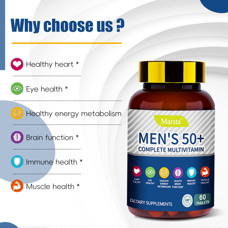 Benefits breakdown with 'Why choose us?' header showing six colored health icons: heart health, eye health, healthy energy metabolism, brain function, immune health, muscle health