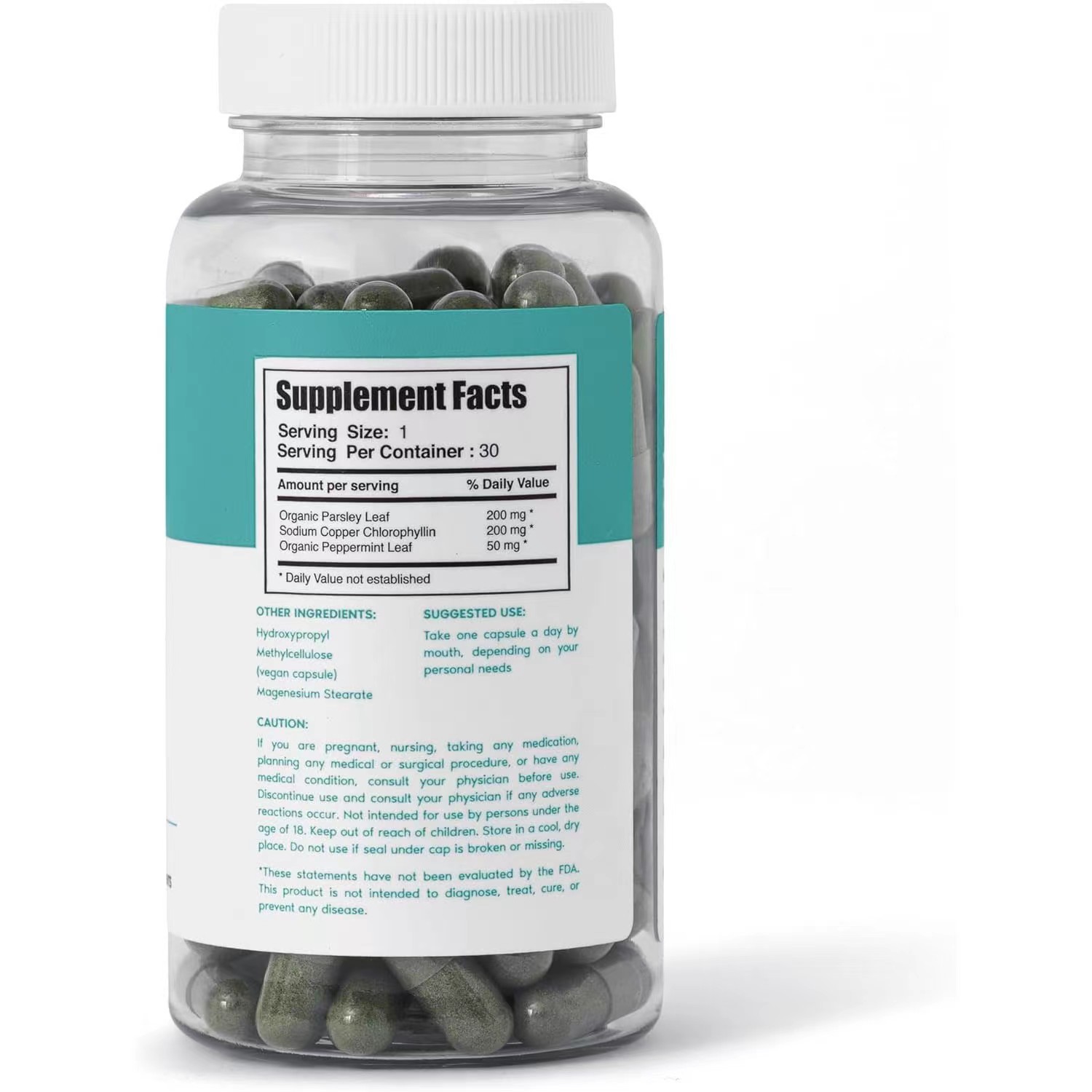 Supplement Facts panel listing organic parsley leaf, chlorophyllin, peppermint leaf