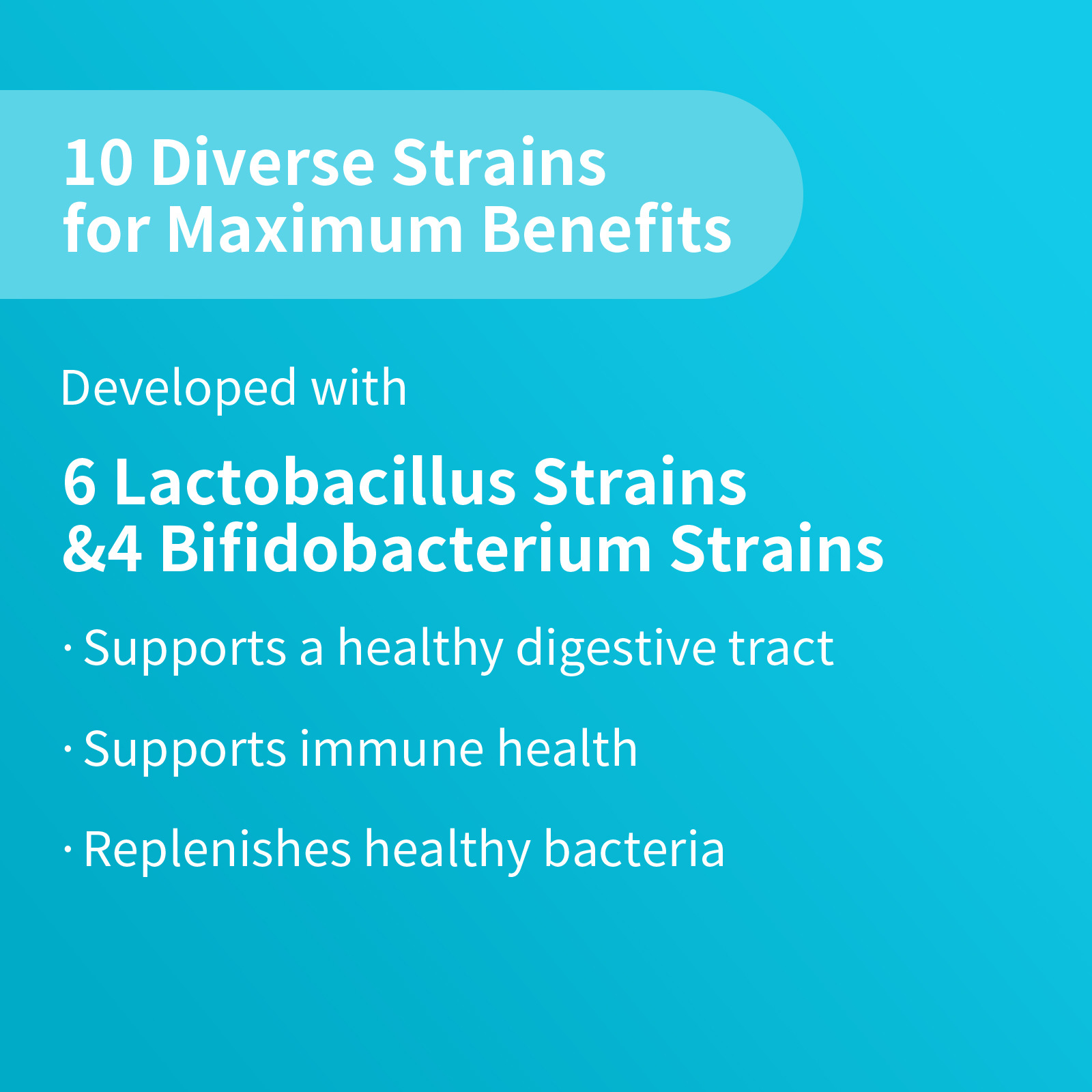 Infographic showing 10 probiotic strain diversity: 6 Lactobacillus and 4 Bifidobacterium cultures, with scientific health claims