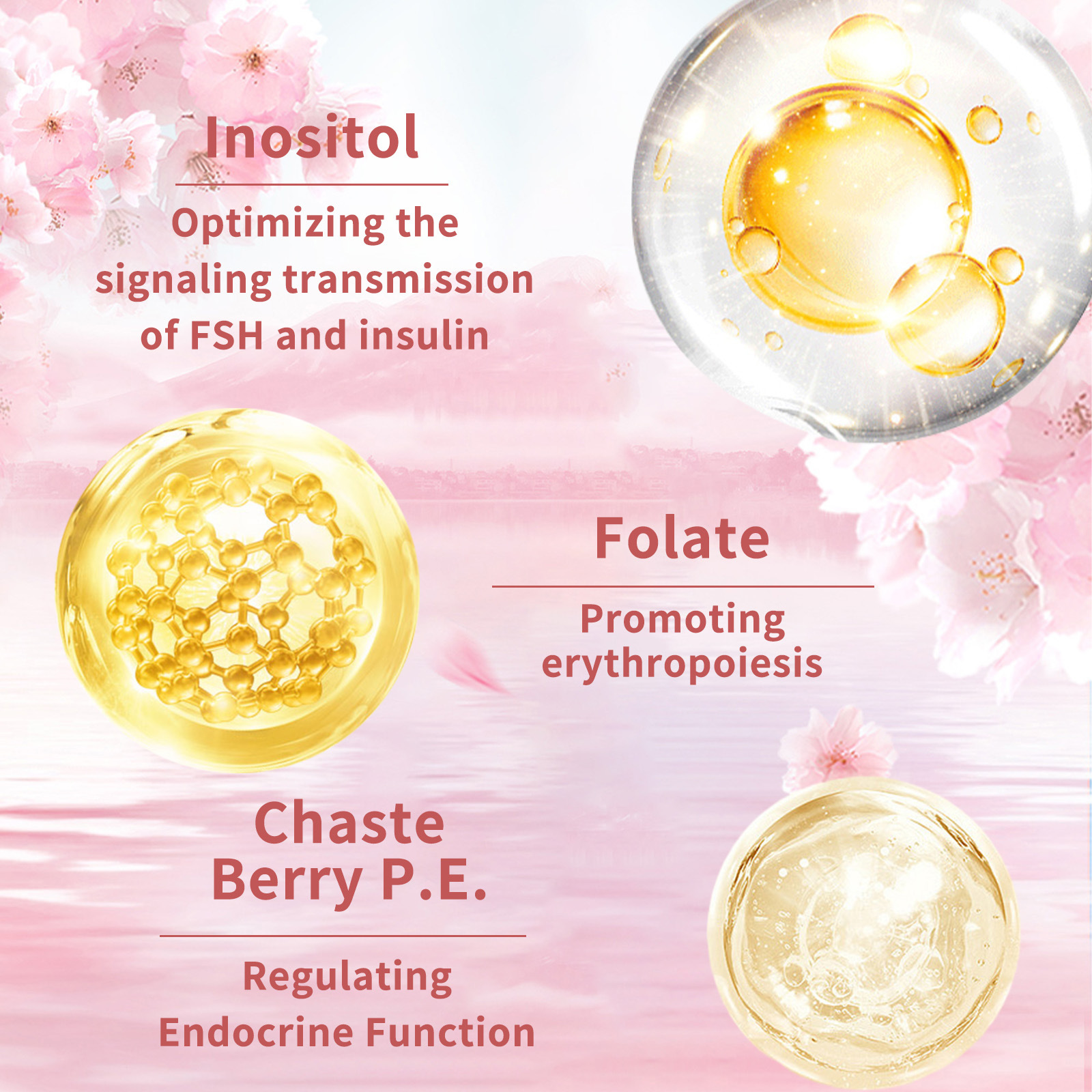 Three ingredient close-ups with golden oil droplets — Inositol, Folate, Chaste Berry — each with functional text, conveying scientific precision.