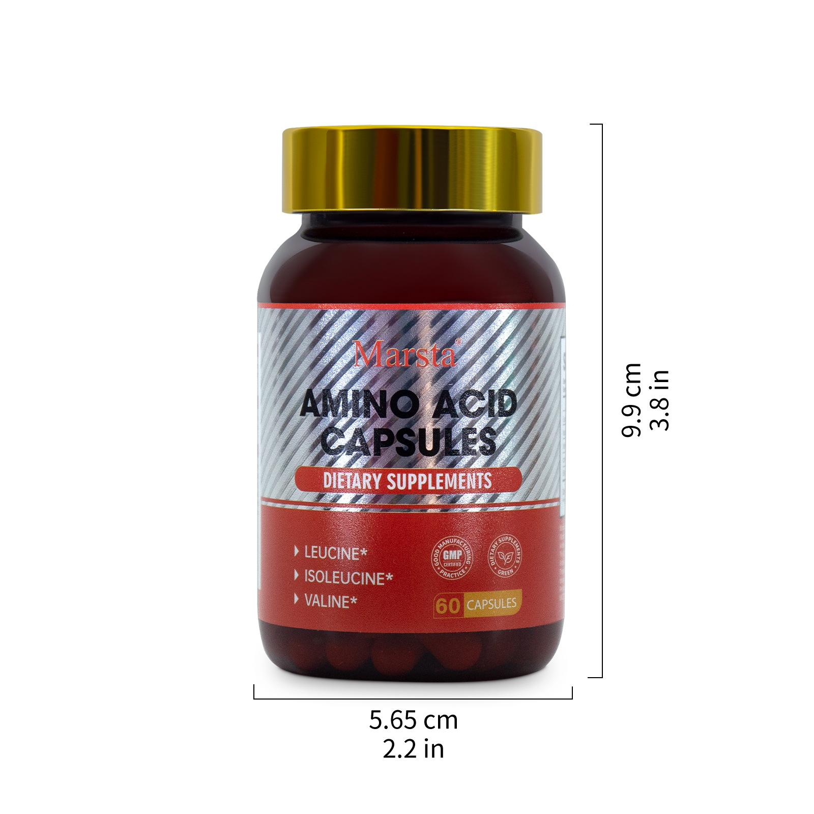 Two soccer players celebrating mid‑game, overlaid with '60 servings per bottle' callout