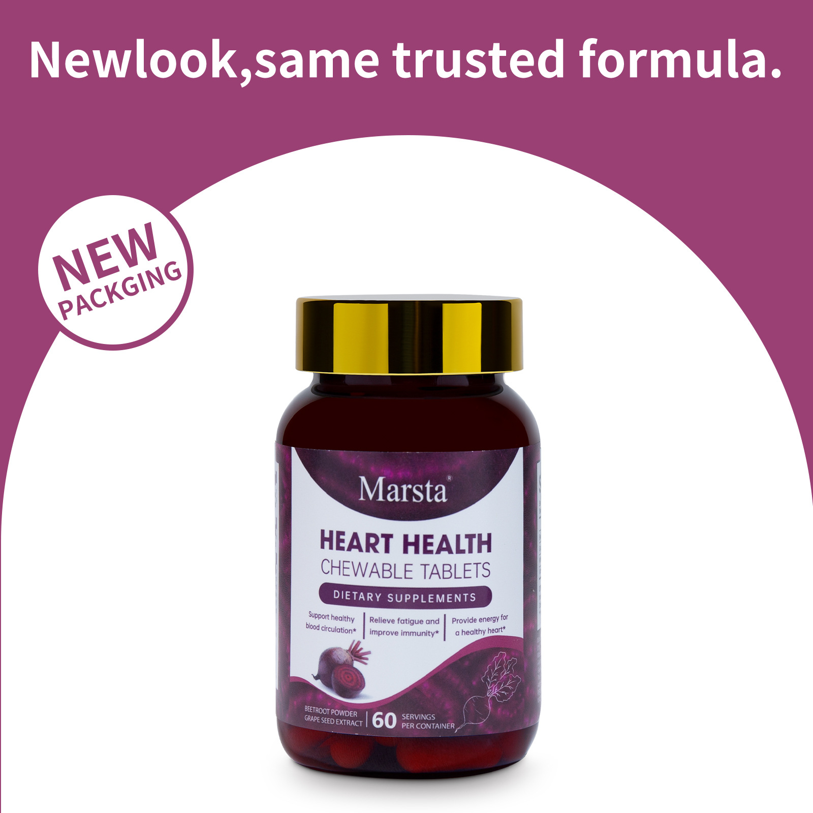 Marsta Heart Health marketing banner showing 'New Packaging' with same trusted formula on pink-purple background