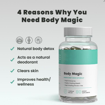 Body Magic chlorophyll capsule bottle with benefit callouts: natural detox, deodorant, skin clearing