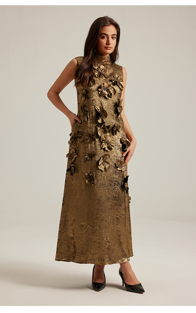 Three-Dimensional Floral Sleeveless A-Line Dress – Elegant Long Gown