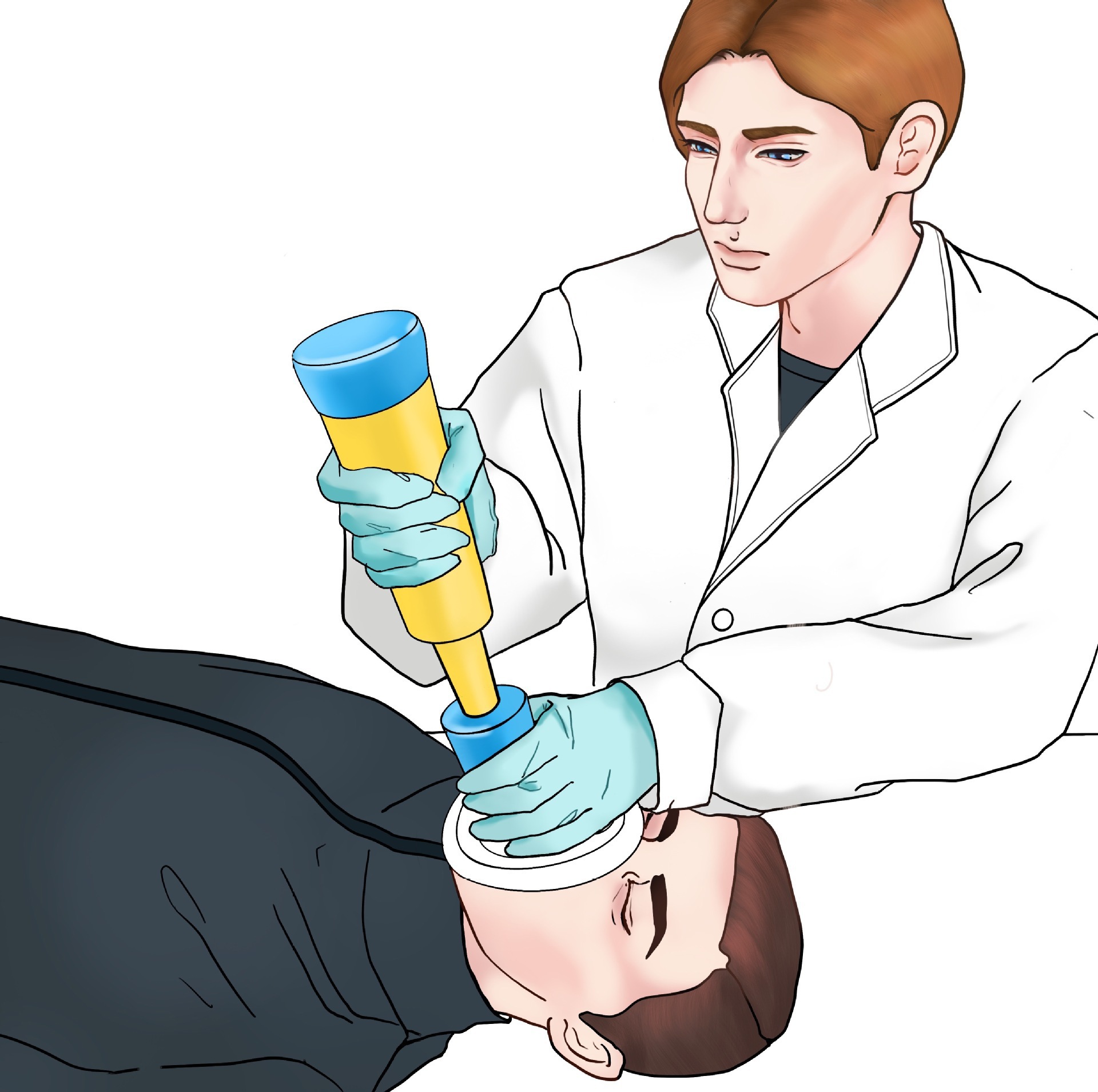 Medical professional in white coat with gloves demonstrating device application on patient's abdomen
