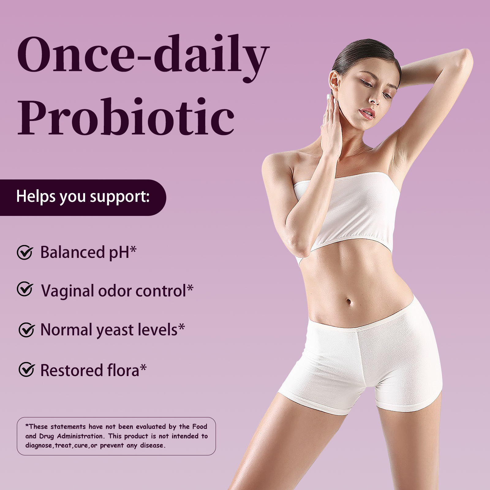 Woman holding probiotic bottle with benefit checklist, expressing confidence and renewed intimate health