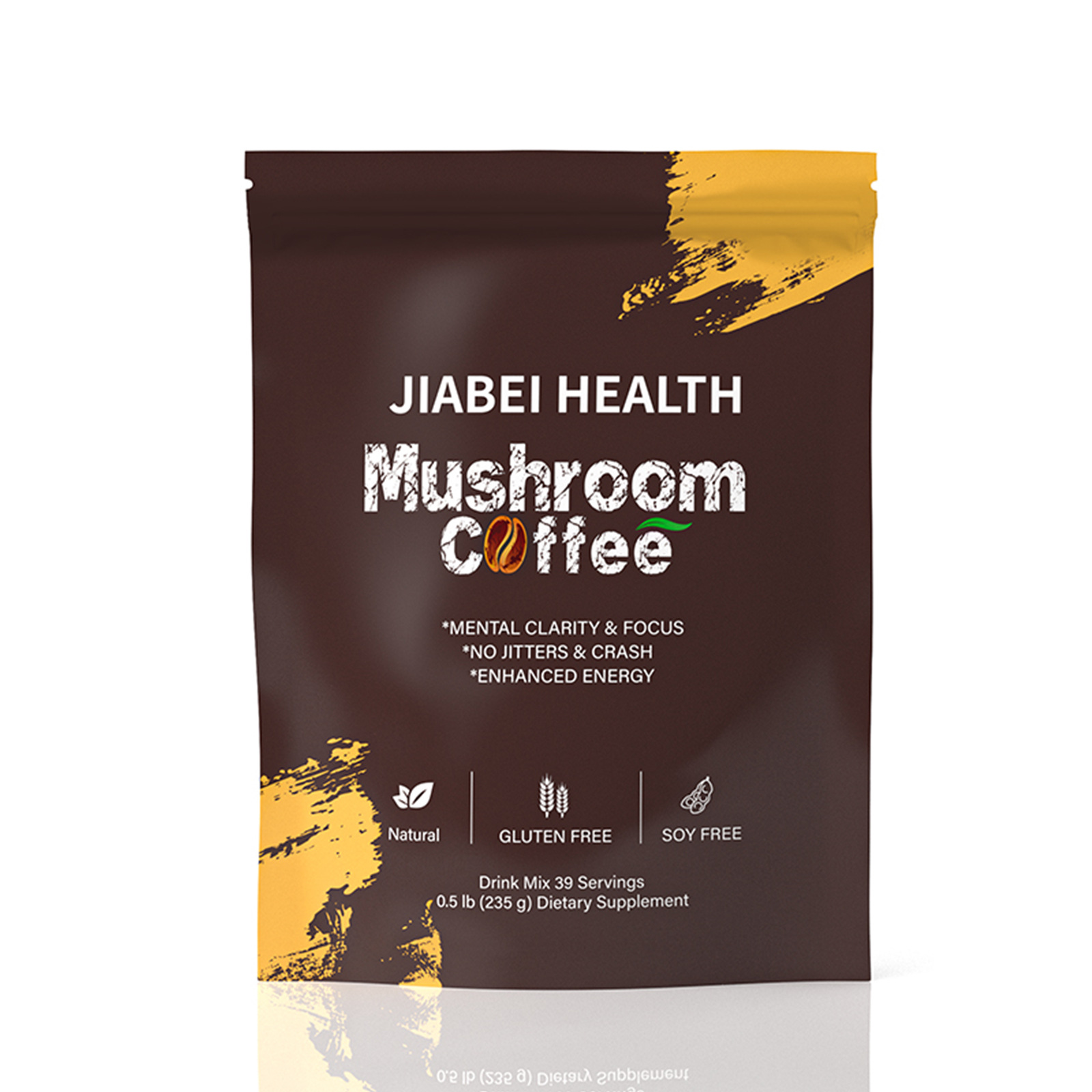 Jiabei Health Mushroom Coffee pouch on cork surface, gold brush stroke accents, key benefit claims visible
