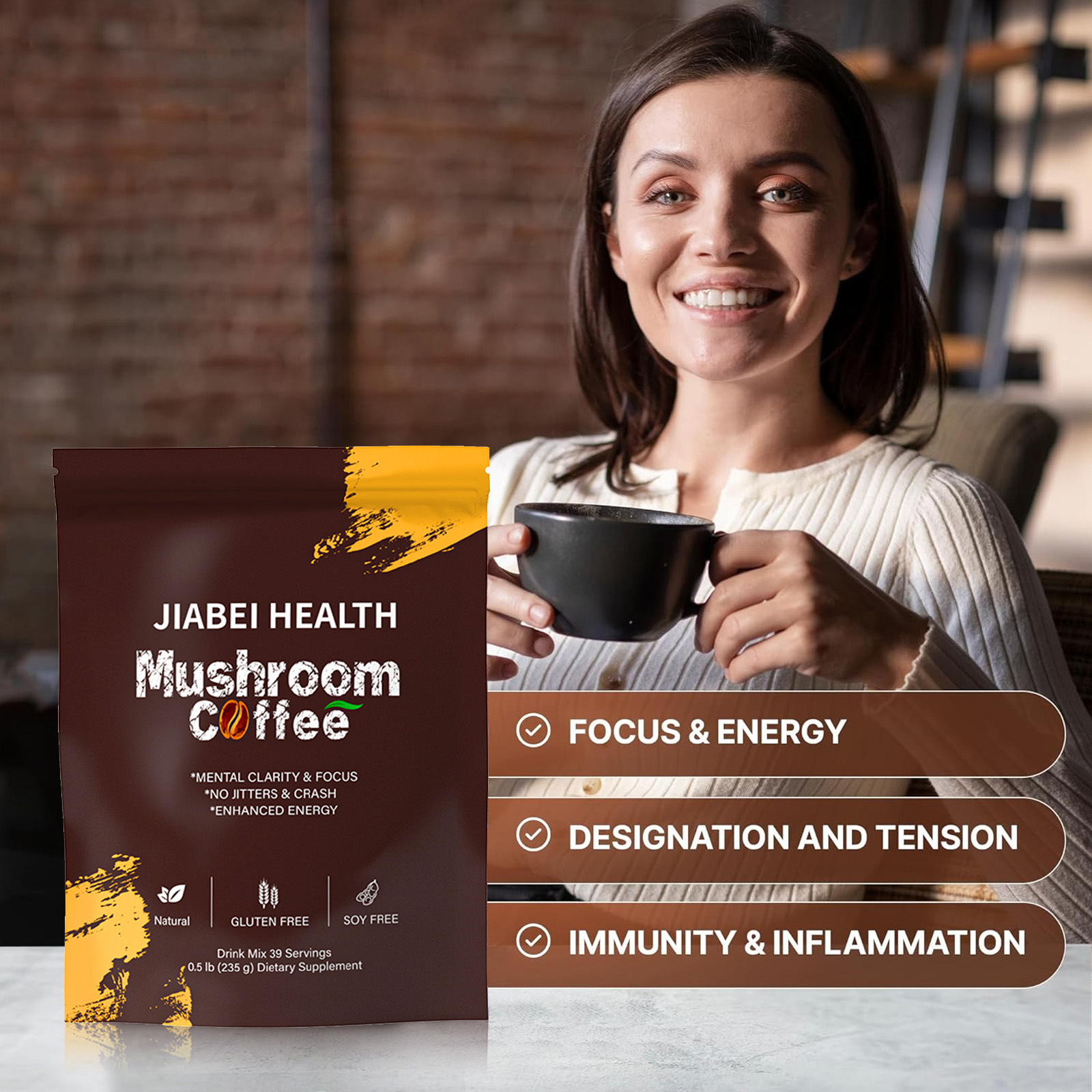 Focused woman holding a steaming mug next to the product package, embodying the after-state of sustained clarity