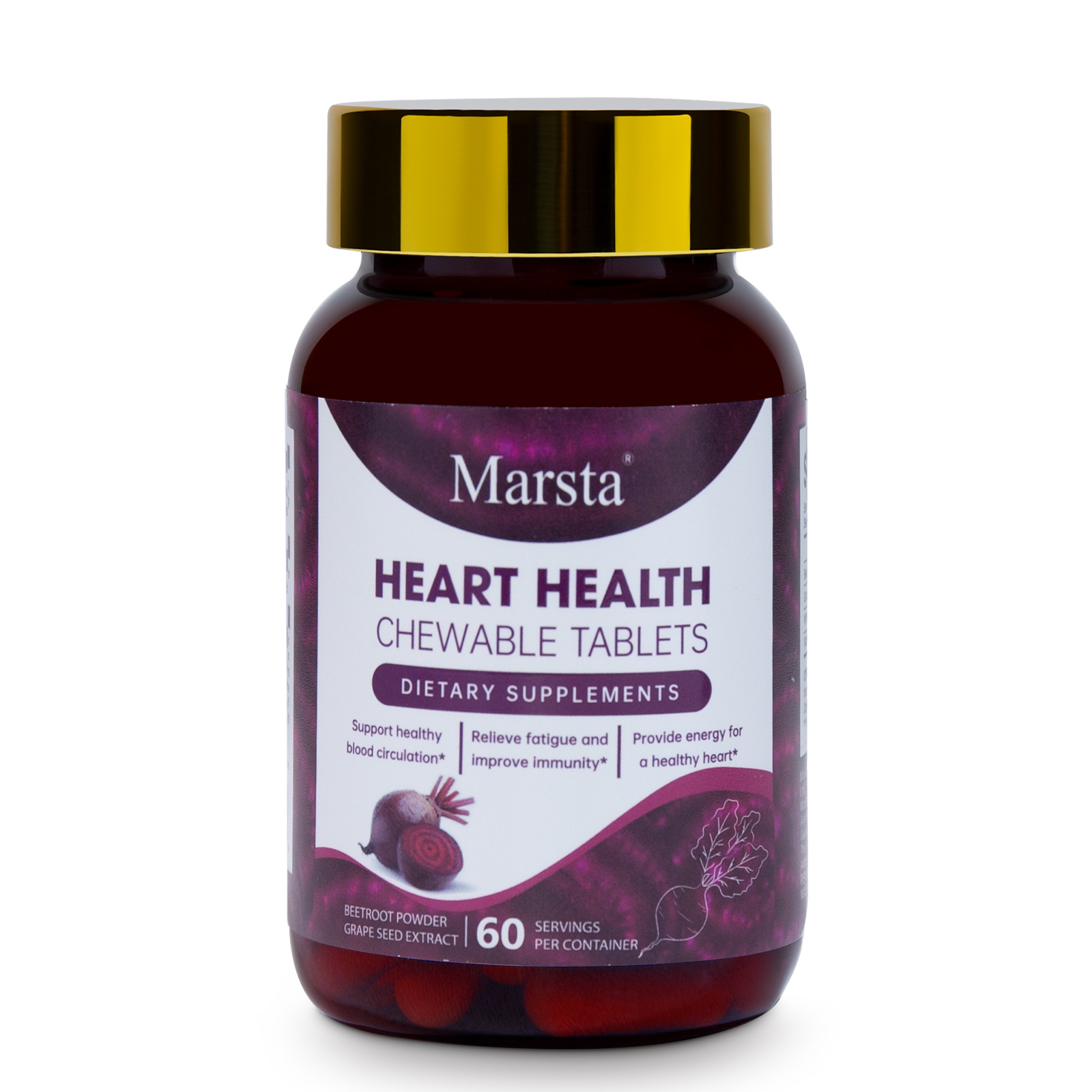 Marsta Heart Health Chewable Tablets bottle front view showing burgundy chewable tablets inside dark amber glass with gold/black striped cap