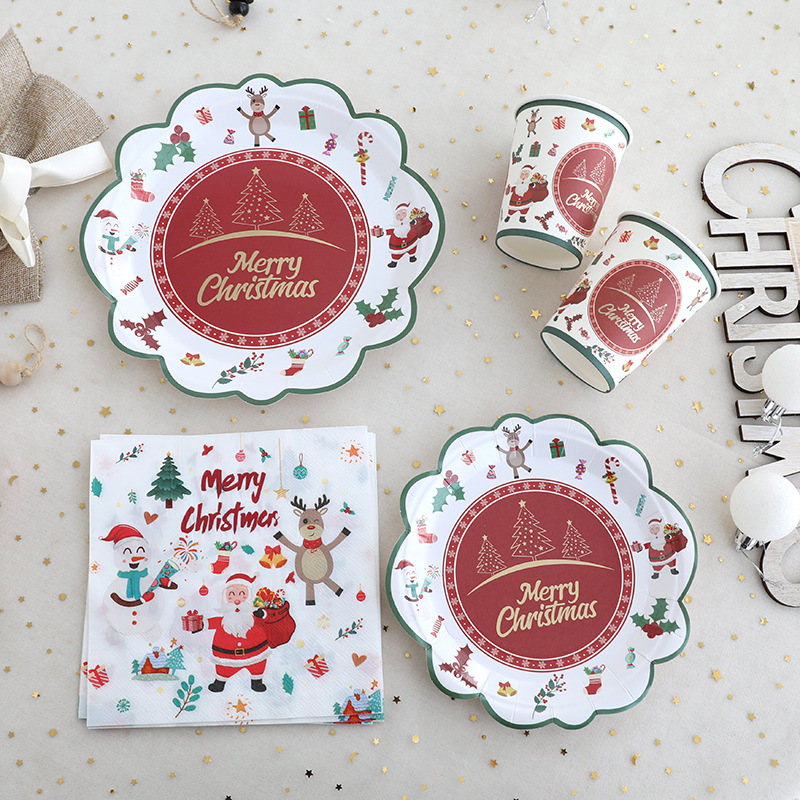 Christmas themed party supplies, lace disposable paper plates, paper cups, tissue tablecloths, dining plates, Christmas cutlery sets