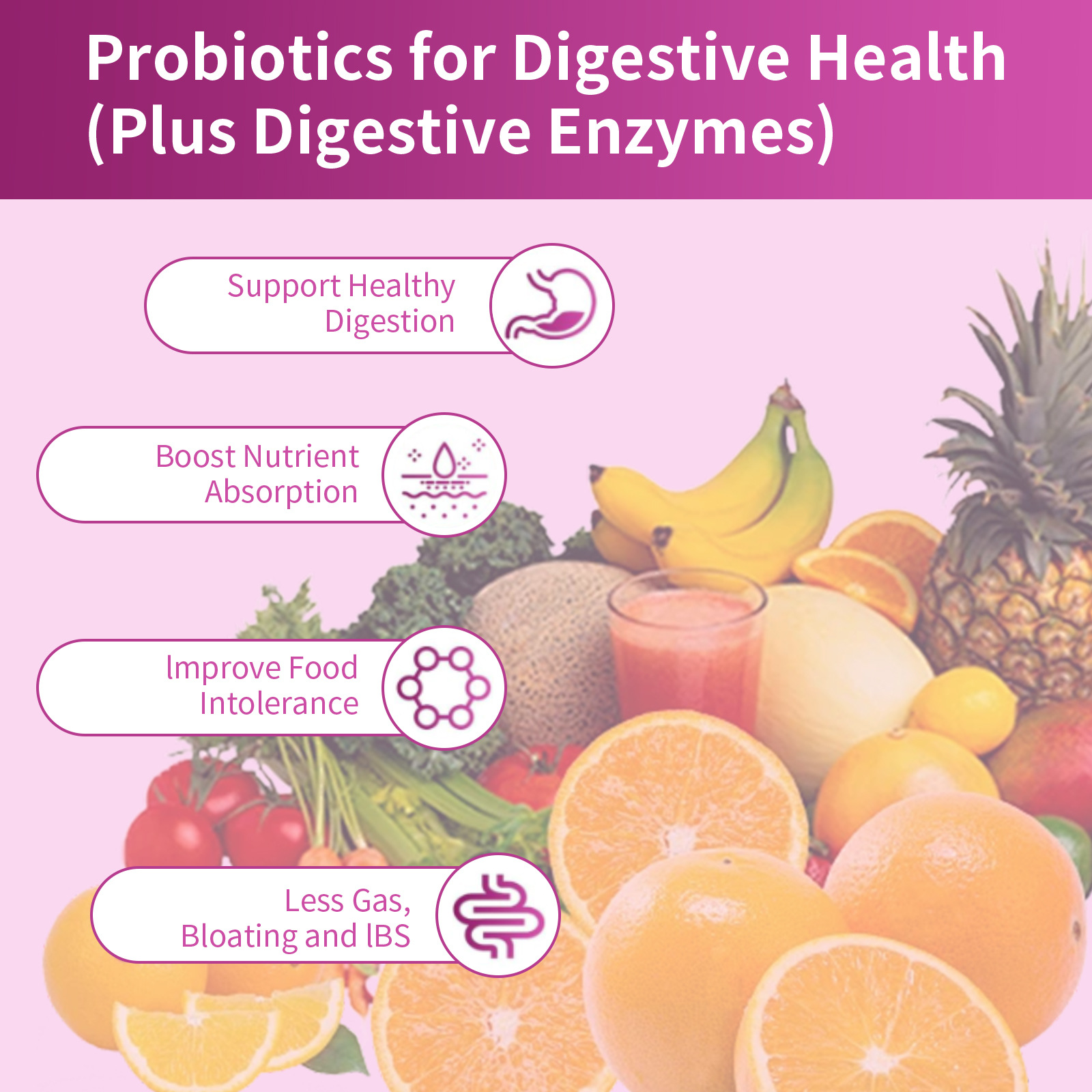 Educational infographic showing dual digestive and urinary benefits with natural ingredients like cranberry and buckwheat