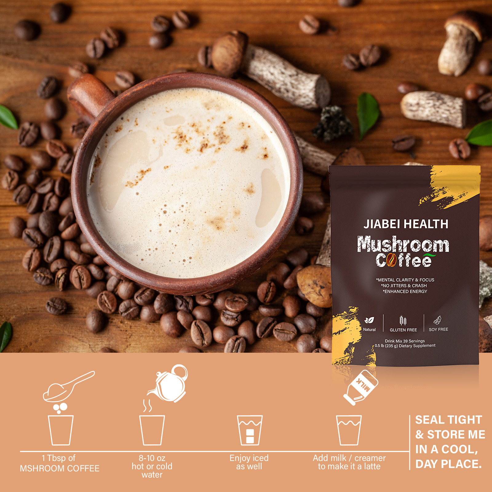 Mushroom coffee prepared in a rustic bowl with coffee beans and mushrooms, showing natural ingredients and earthy aesthetic