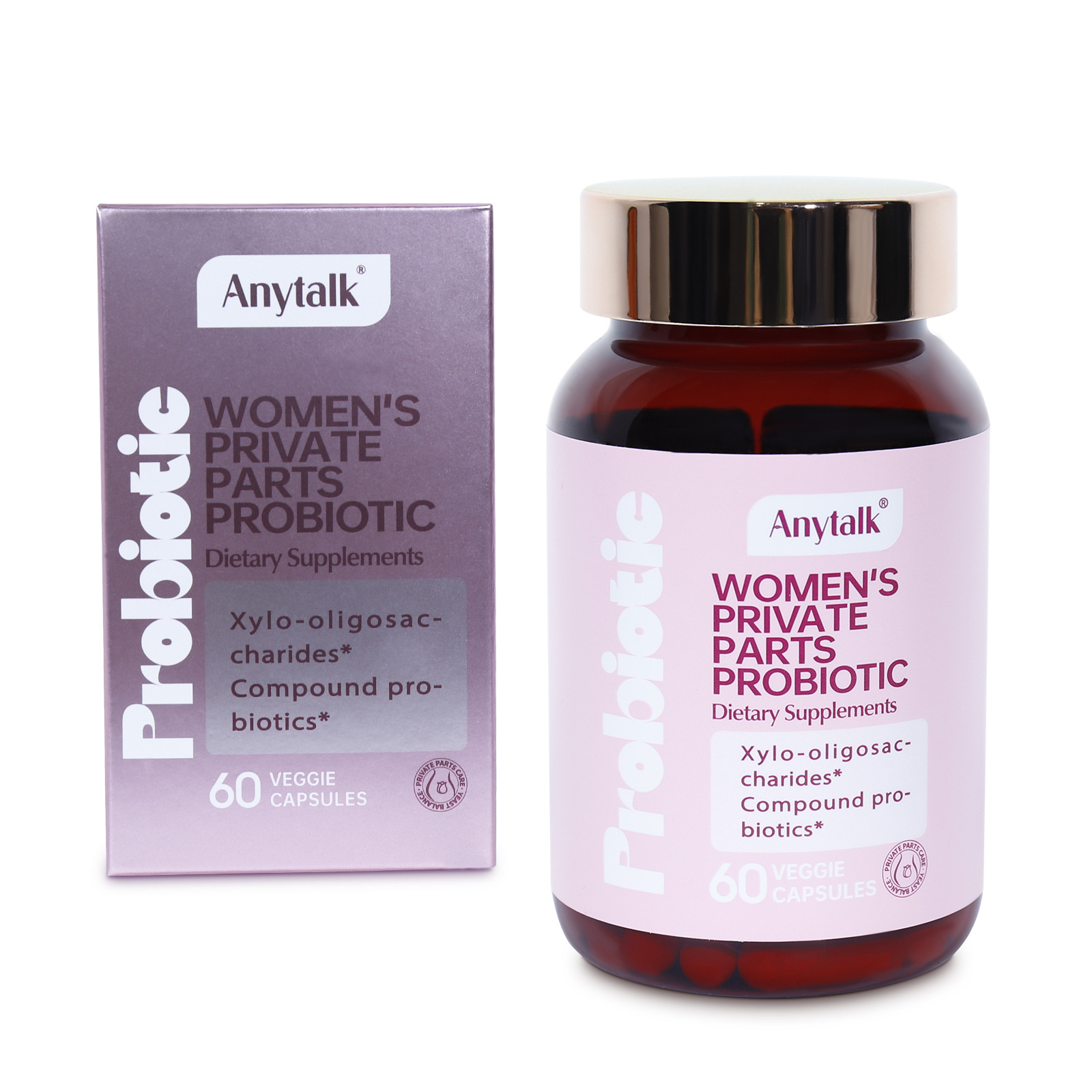 Anytalk Women's Private Parts Probiotic amber glass bottle and box on cream linen background