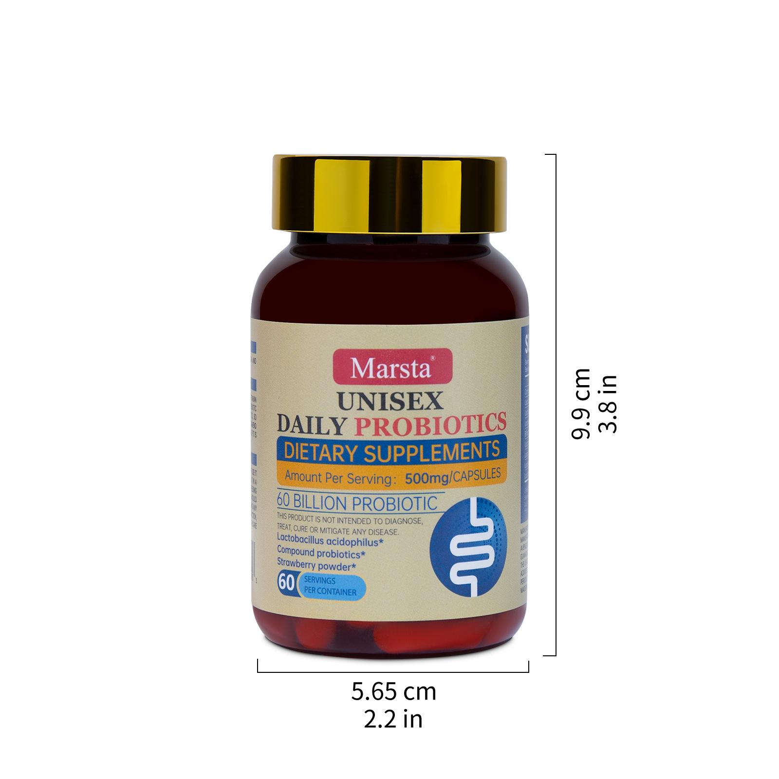 Compact amber glass bottle with precise 9.9cm x 5.65cm dimensions, showing premium packaging