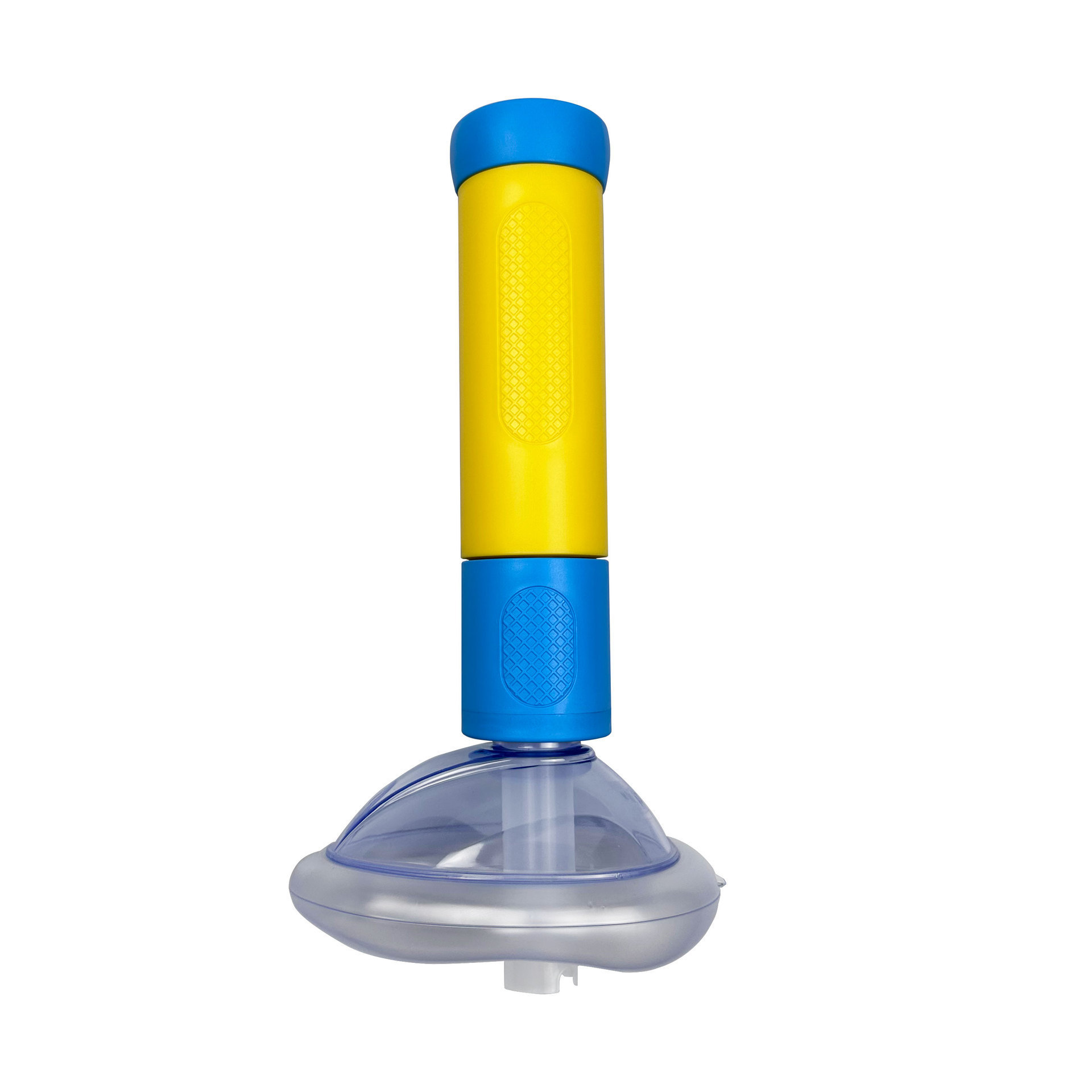 Standalone blue and yellow portable suction device with clear suction cup base on white background