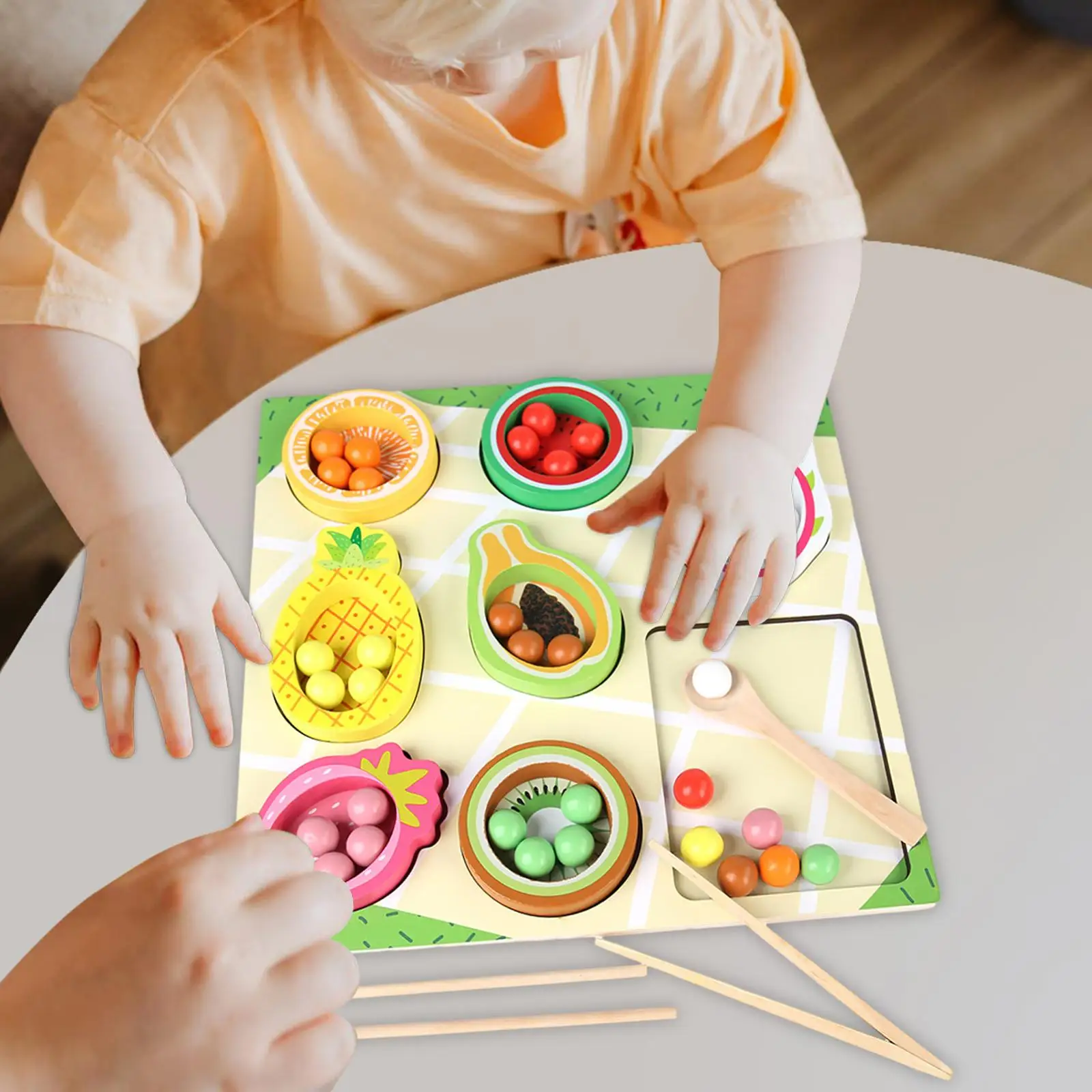 Wooden Peg Board Game Color Classification Beads Clip Game Fruit Cognitive Toy Color Sorting Toy for Children Girls and Boys