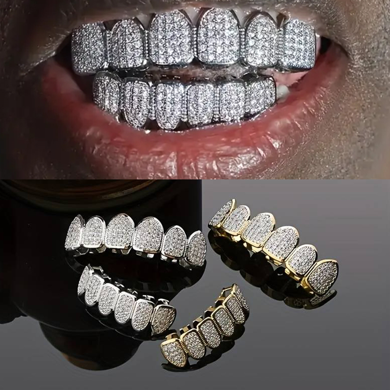 Close-up of a person wearing full silver CZ grillz on top and bottom teeth, with product flats showing gold colorway below