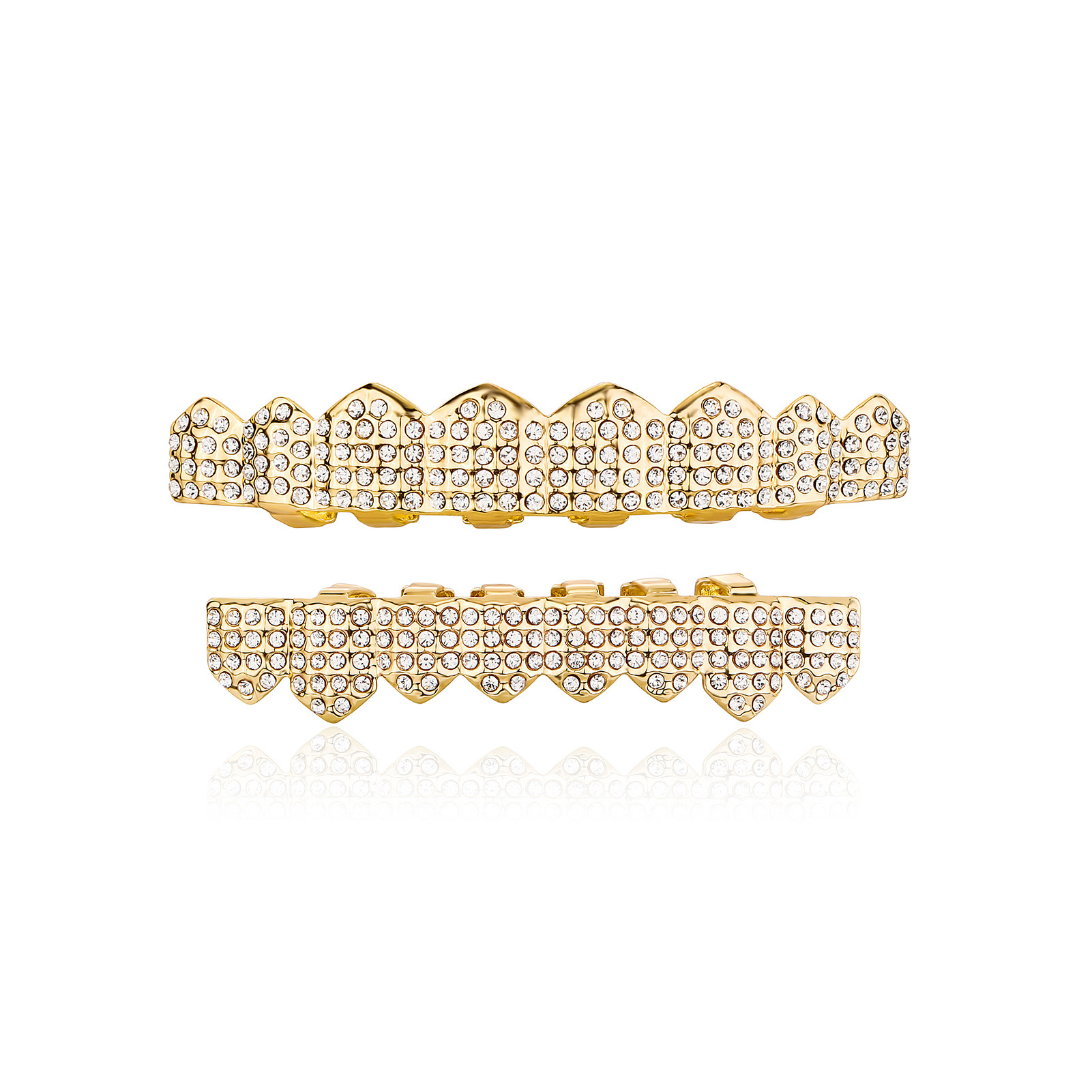 Gold grillz top and bottom pieces separated on a clean white background revealing the adjustable snap bars