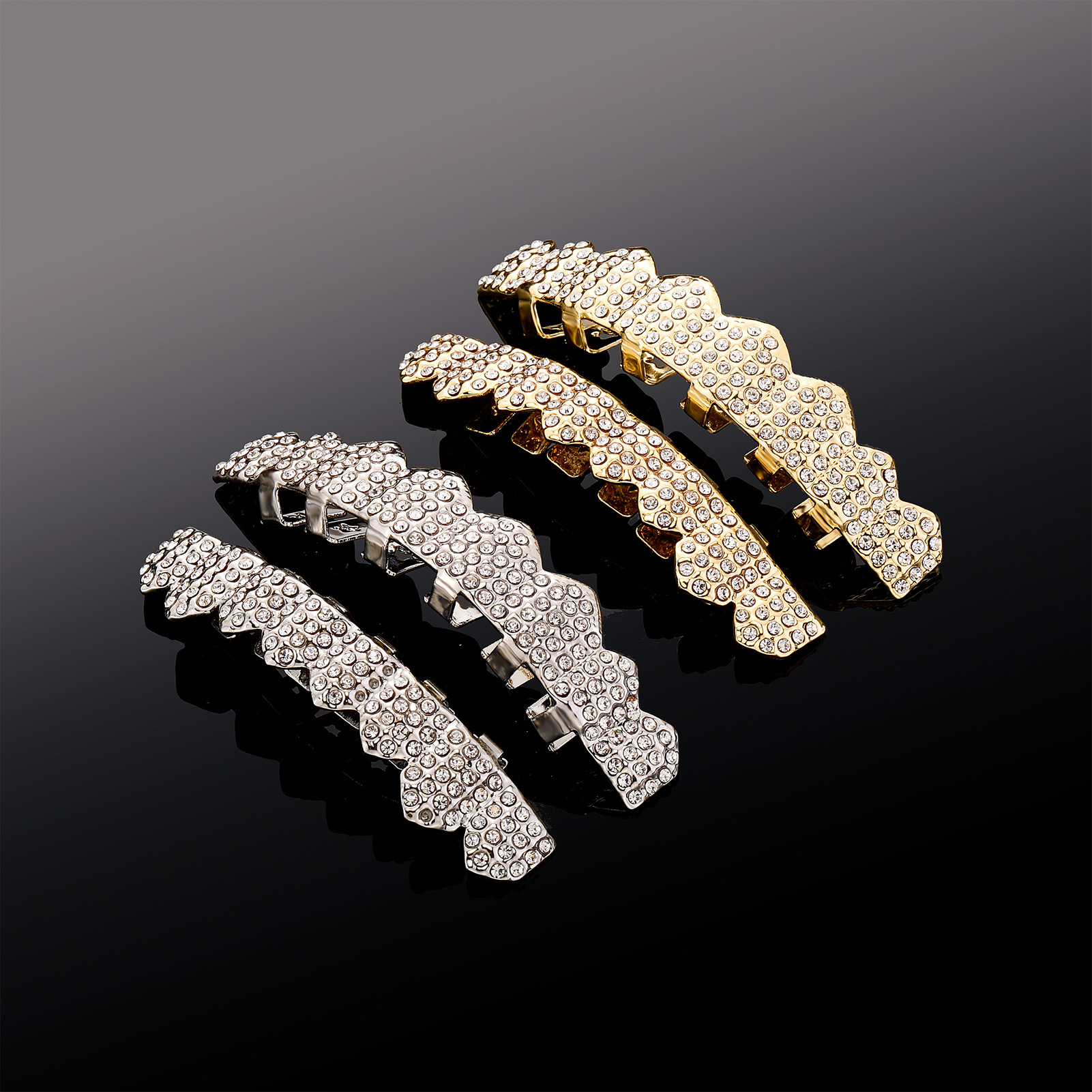 Close-up of rhinestone pave sparkling under light, highlighting the dense stone coverage