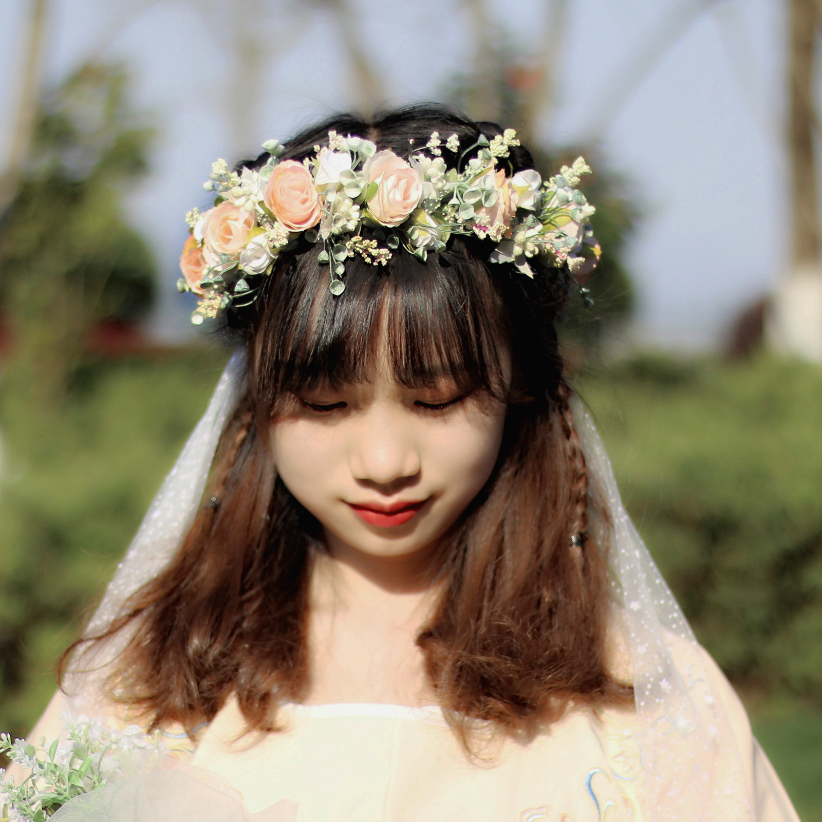 Sweet flower garland rose bud draped in gauze flower crown with exquisite handmade flowers bridal