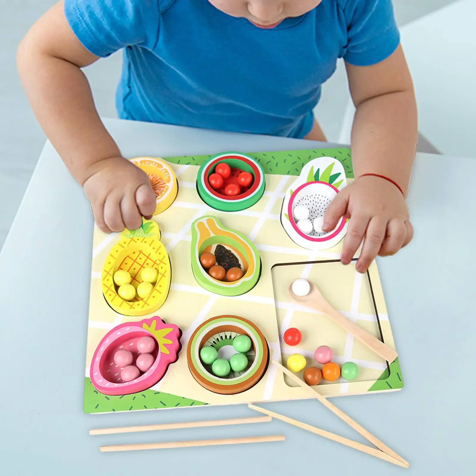 Wooden Peg Board Game Color Classification Beads Clip Game Fruit Cognitive Toy Color Sorting Toy for Children Girls and Boys