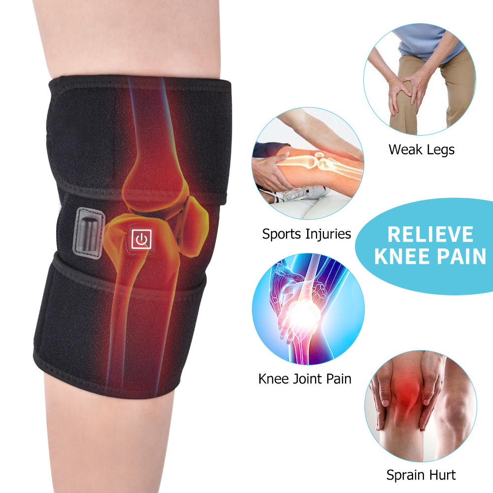 Heated knee brace worn on a man’s leg, showing adjustable strap and warm orange-to-red heat visualization.