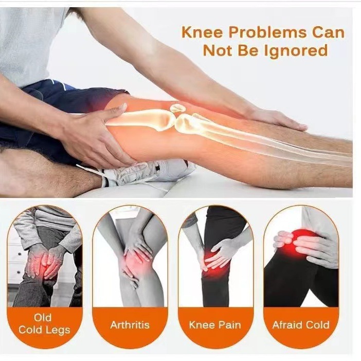 Educational graphic showing four painful knee scenarios: old cold legs, arthritis, injury, and cold sensitivity with anatomical heat overlays