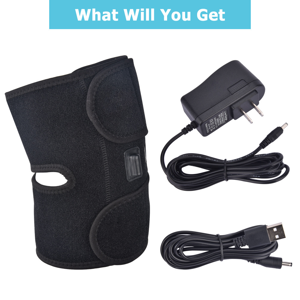 Full-length heated knee brace with dimension labels and close-ups of control pad, button, and breathable mesh.