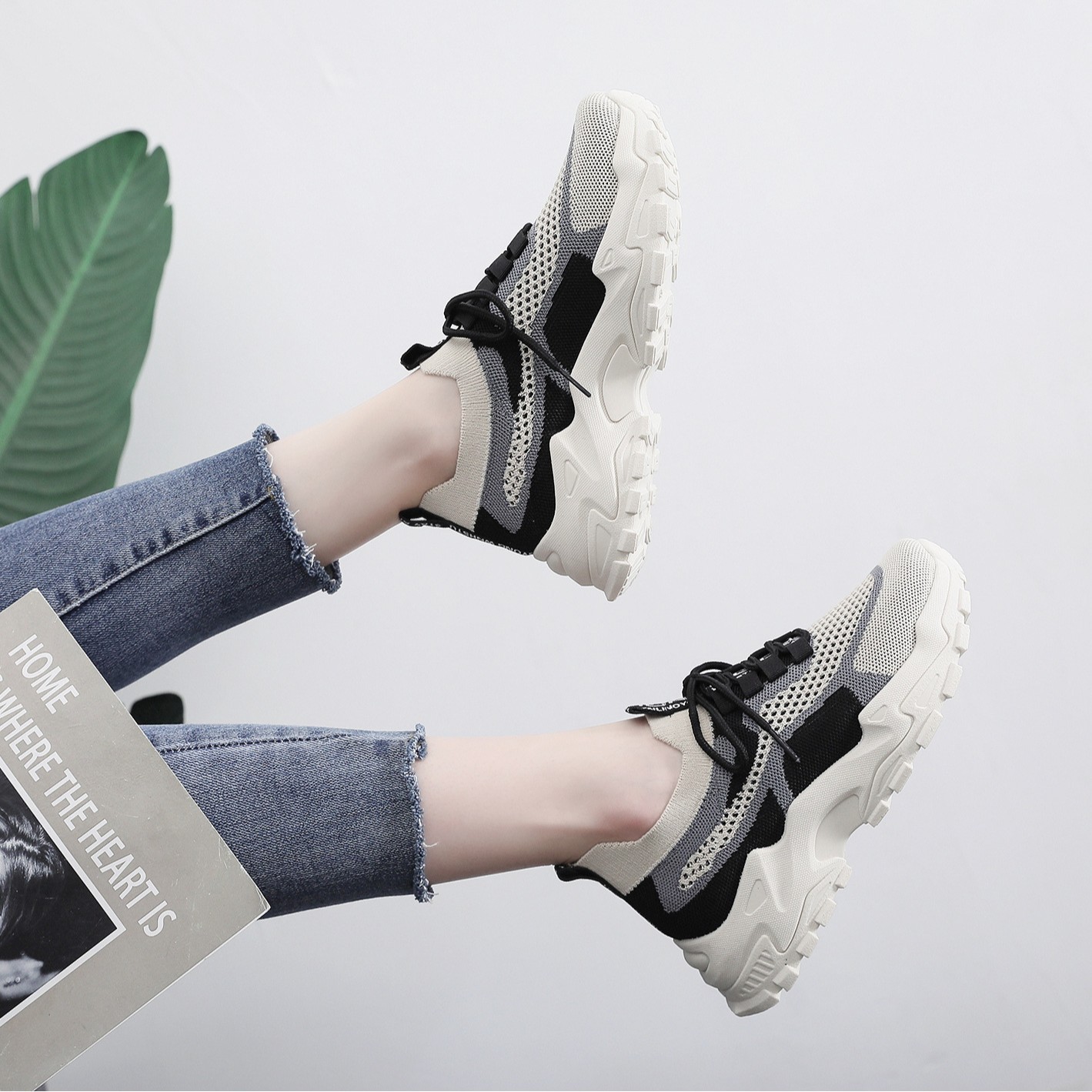 Flyknit shoes breathable and comfortable thick soled shoes dad shoes women's sports shoes image 7