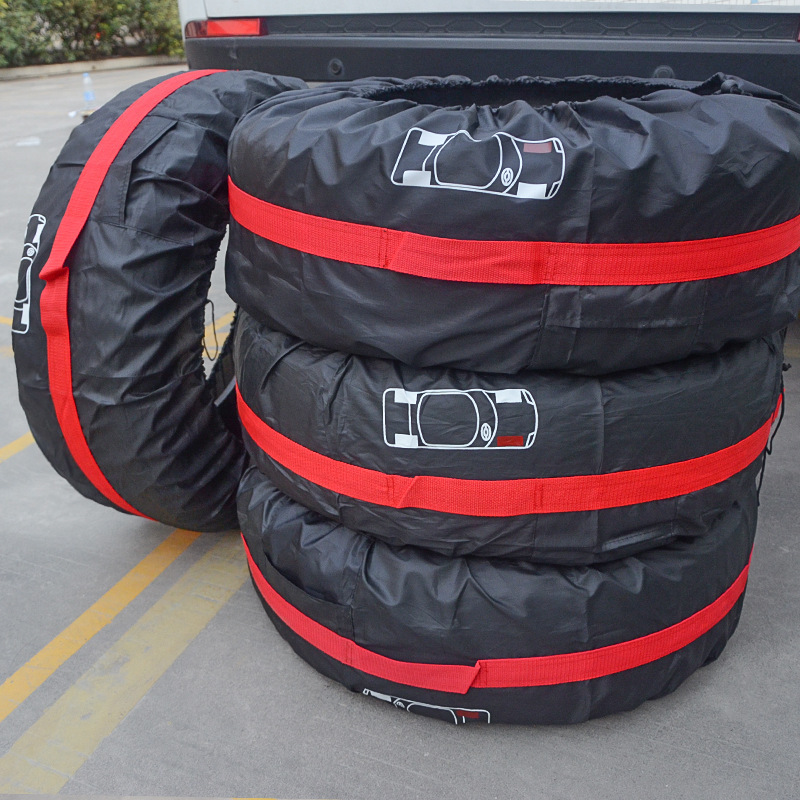 Tire cover waterproof Oxford cloth black with red label and white label for 13-23 inch tires 4 pieces set size S and L