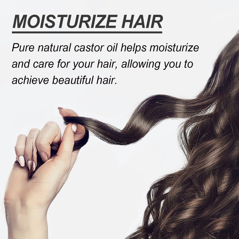 Woman holding long hair beside moisturizing castor oil message