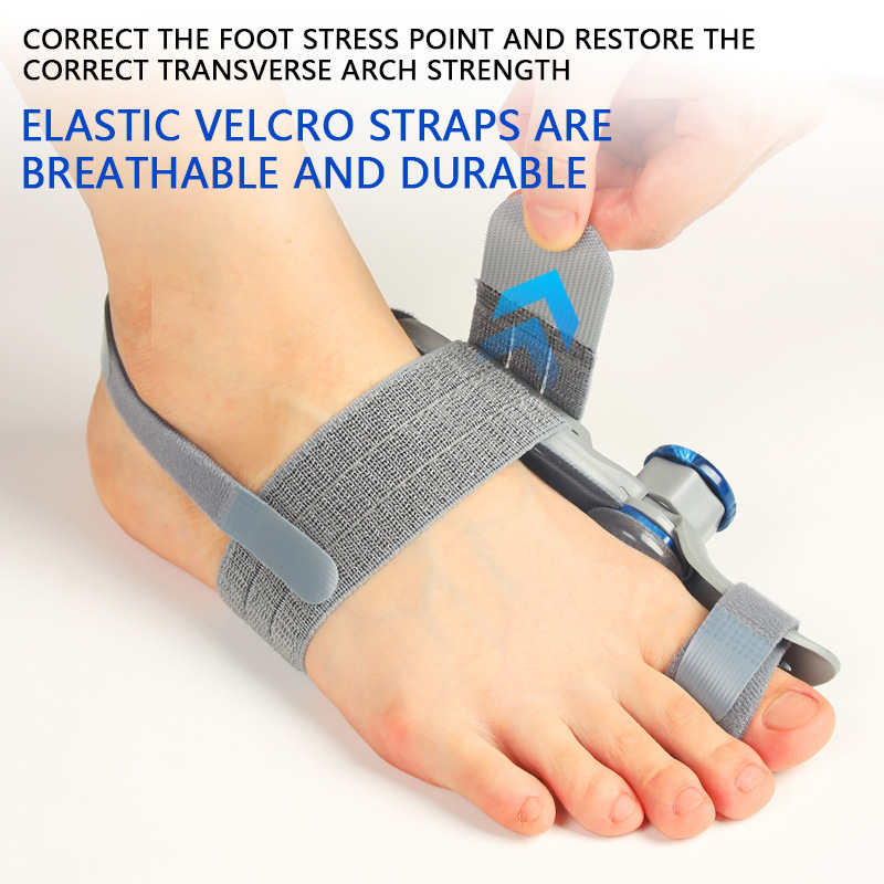 Corrector on foot demonstrating breathable elastic velcro straps with arch support and stress point correction