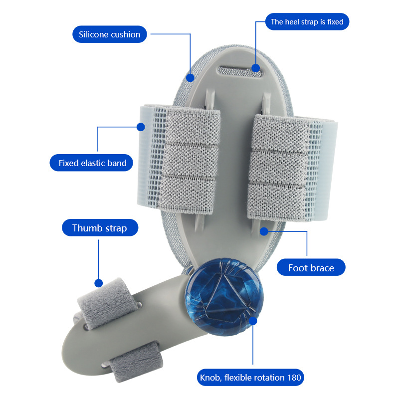 Detailed technical diagram labeling all components: silicone cushion, fixed elastic band, thumb strap, heel strap fixed, foot brace, and knob with 180° rotation capability