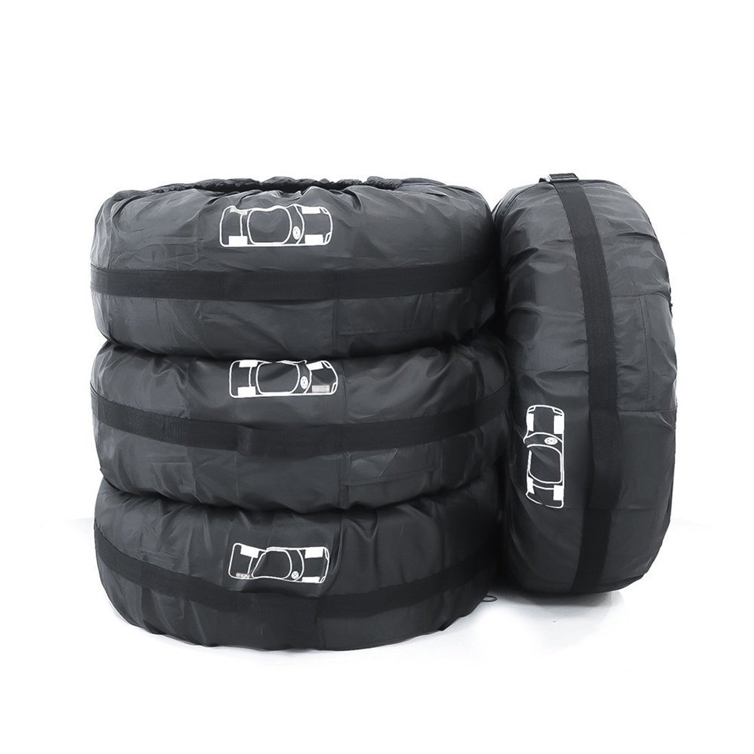 Tire cover waterproof Oxford cloth black with red label and white label for 13-23 inch tires 4 pieces set size S and L