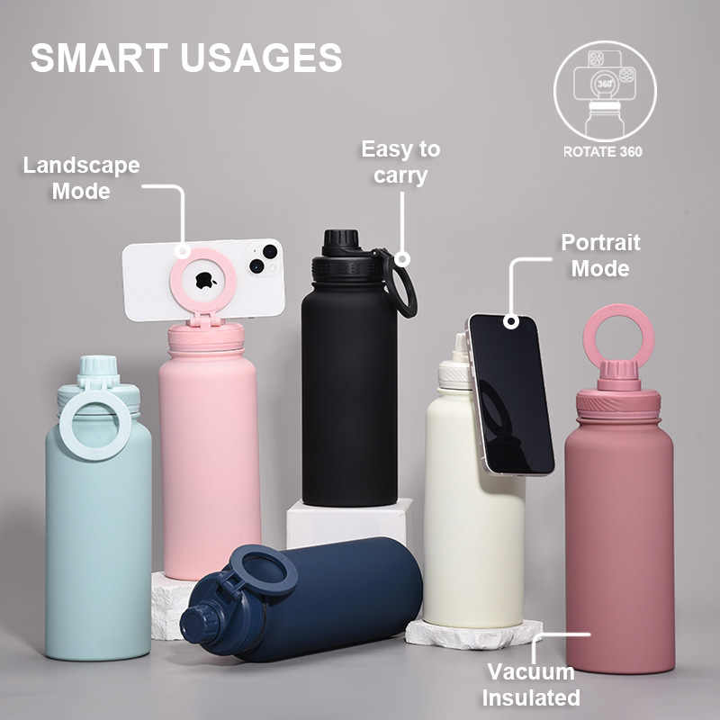 Magnetic Phone Holder Outdoor Large Capacity 1L Wide-Mouth Insulated Stainless Steel Sports Water