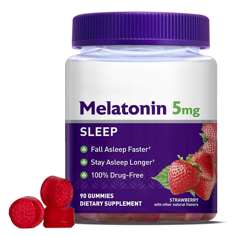 Melatonin 5mg gummy bottle with purple cap and strawberry gummies displayed beside it