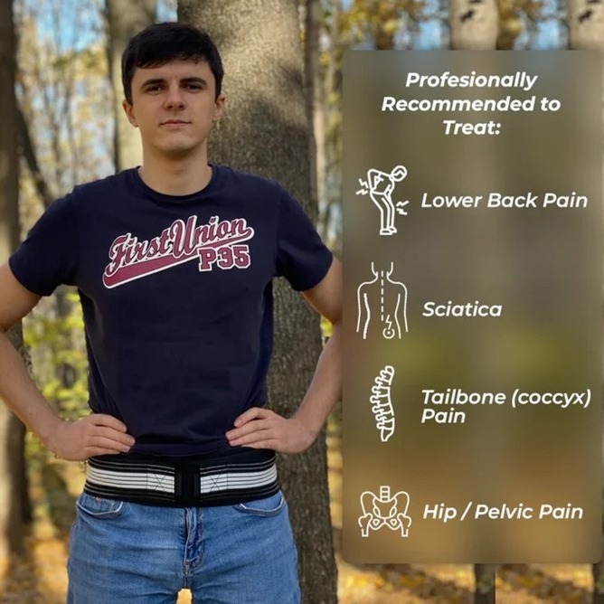 Male model wearing navy t‑shirt and gray waistband with black mesh belt, overlaid with icons listing professional use cases