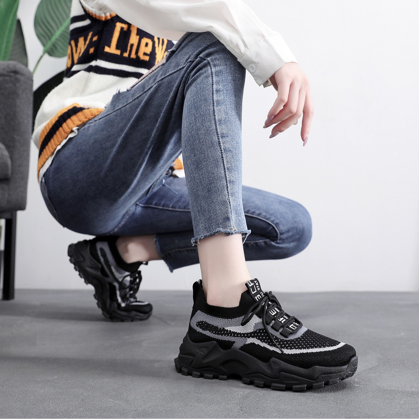 Flyknit shoes breathable and comfortable thick soled shoes dad shoes women's sports shoes image 8