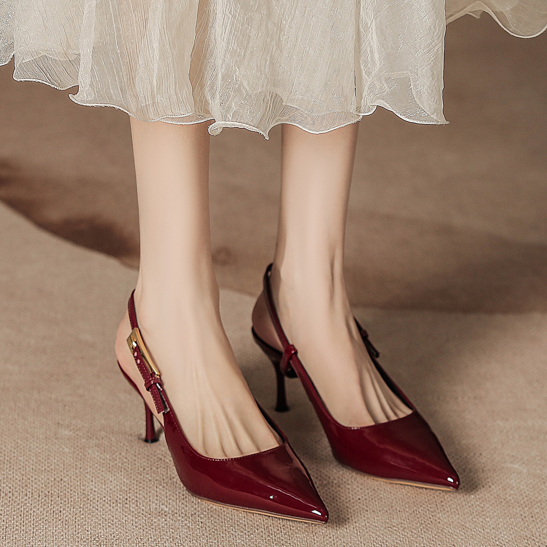 Women's High Heel Pointed Toe Stiletto Ankle Strap Pumps, Sexy Ladylike Red Patent Leather Open-Toe Shoes image 7