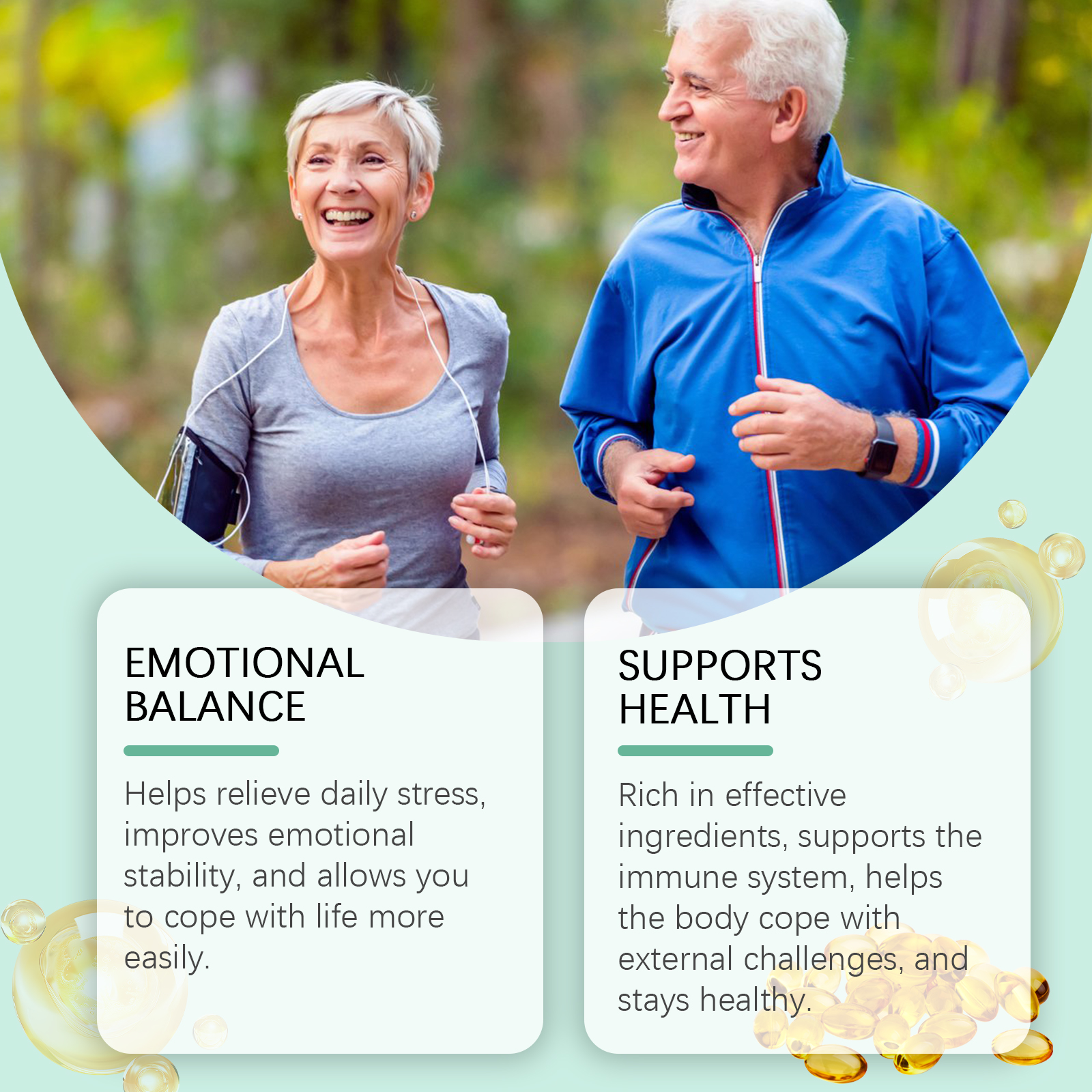 Mature couple jogging outdoors, overlays reading Emotional Balance and Supports Health