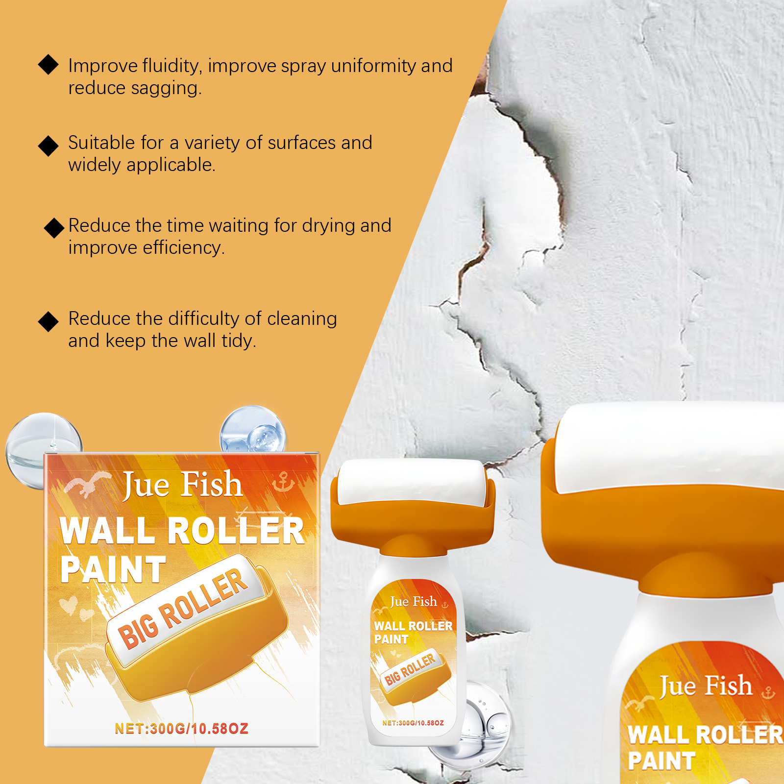 Wall repair roller shown beside cracked wall application graphic